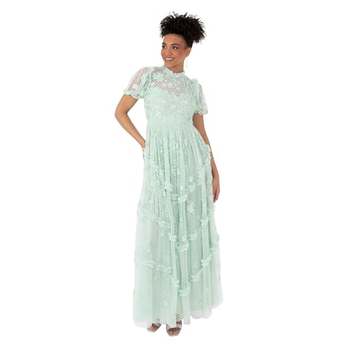 Maya Deluxe Damen Women's Maxi Dress Ladies High Neck Puff Sleeve Sequin Embellished Ruffle Tulle Keyhole Back Empire A-line Bridesmaid Kleid, Mint Green, 32 von Maya Deluxe