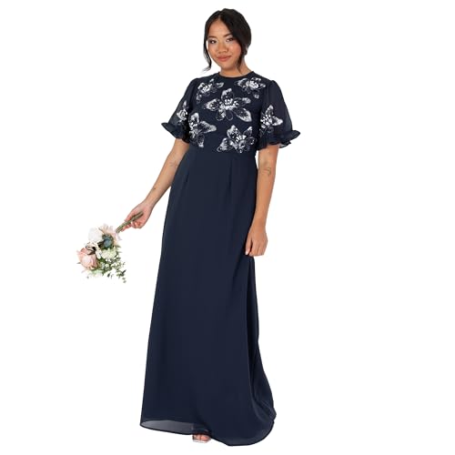 Maya Deluxe Damen Women's Maxi Dress Ladies Short Angel Sleeve Round Neck Floral Sequin Embellished A-line for Wedding Guest Ball Gown Kleid, Navy Blue, von Maya Deluxe