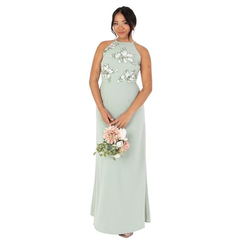 Maya Deluxe Damen Women's Maxi Dress Ladies Sleeveless Halterneck Floral Sequin Embellished A-line for Wedding Guest Evening Ball Gown Kleid, Green Lily, 34 von Maya Deluxe