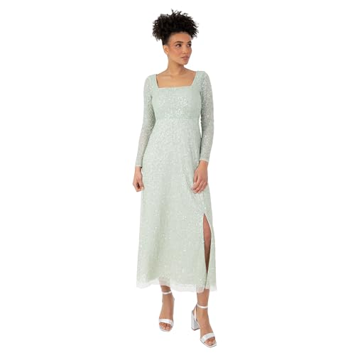Maya Deluxe Damen Women's Midaxi Dress Ladies Long Sheer Sleeve Square Neck Sequin Embellished Split Empire Waist A-line Wedding Guest Kleid, Mint Green, 44 von Maya Deluxe