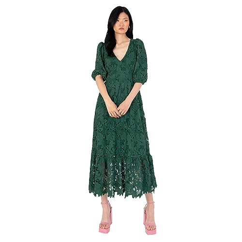 Maya Deluxe Damen Women's Midaxi Dress V Neckline Puff Sleeve Lace A-line for Wedding Guest Bridesmaid Cocktail Prom Evening Occasion Kleid, Emerald Green, 40 von Maya Deluxe