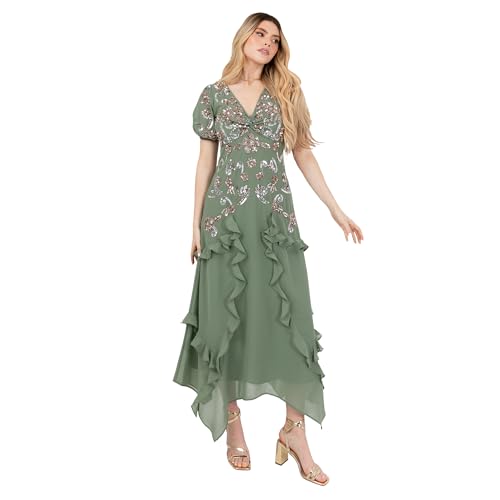 Maya Deluxe Damen Women's Midaxi Ladies Short Puff Sleeve V-Neck Sequin Embellished Ruffle Chiffon Handkerchief A-line Wedding Guest Dress, Deep Mint Green, 38 EU von Maya Deluxe