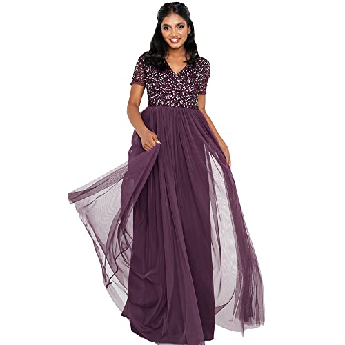 Maya Deluxe Damen Ballkleid Abendkleid V-ausschnitt Maxi Länge Pailletten Kurze Ärmel Für Hochzeit Geburtstag Brautjungfer Bridesmaid Dress, Berry, 44 EU von Maya Deluxe