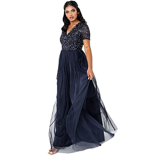 Maya Deluxe Damen Ballkleid Abendkleid V-ausschnitt Maxi Länge Pailletten Kurze Ärmel Für Hochzeit Geburtstag Brautjungfer Bridesmaid Dress, Navy, 48 EU von Maya Deluxe
