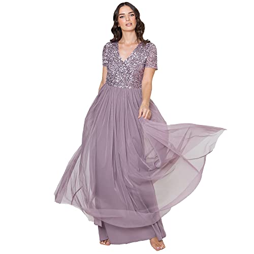 Maya Deluxe Damen Women's V Neckline Embellished Neck Maxi Dress Short Sleeve Empire Waist Prom Graduation Bridesmaid Wedding Guest Brautjungfernkleid, Moody Lilac, 52 EU von Maya Deluxe