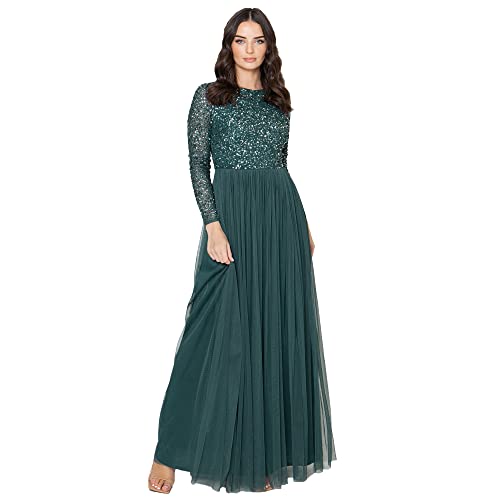 Maya Deluxe Damen Women's for Wedding Guest Plus Size Large Rich High Waist Sequins Long Sleeve Prom Evening Bridesmaid Dress, Emerald, 36 EU von Maya Deluxe