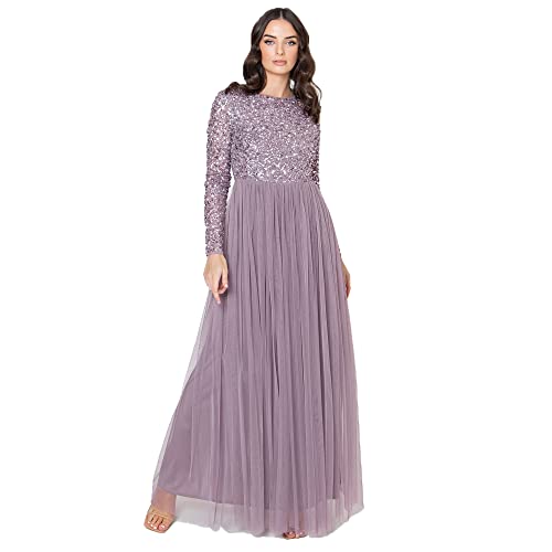 Maya Deluxe Damen Women's for Wedding Guest Plus Size Large Rich High Waist Sequins Long Sleeve Prom Evening Bridesmaid Dress, Moody Lilac, 36 EU von Maya Deluxe