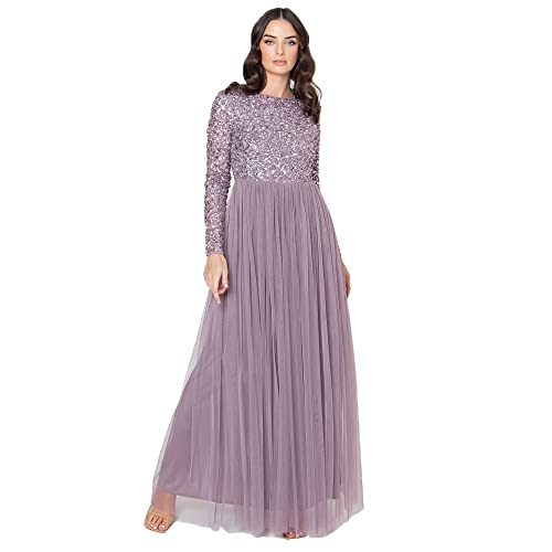 Maya Deluxe Damen Women's for Wedding Guest Plus Size Large Rich High Waist Sequins Long Sleeve Prom Evening Bridesmaid Dress, Moody Lilac, 44 EU von Maya Deluxe