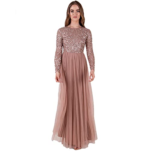 Maya Deluxe Damen Women's for Wedding Guest Plus Size Large Rich High Waist Sequins Long Sleeve Prom Evening Bridesmaid Dress, Pale Mauve, 42 EU von Maya Deluxe