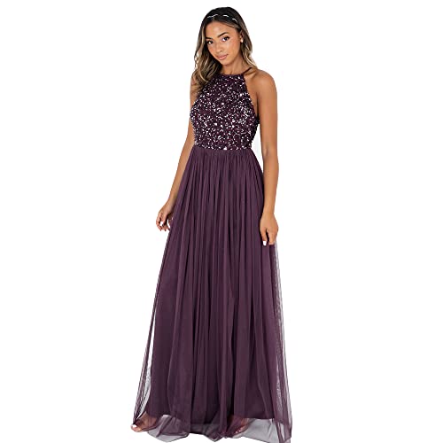 Maya Deluxe Damen Womens Ladies Bridesmaid Maxi Dress Halter Neck Sequin Embellished Prom Graduation Wedding Brautjungfernkleid, Berry, 28 von Maya Deluxe