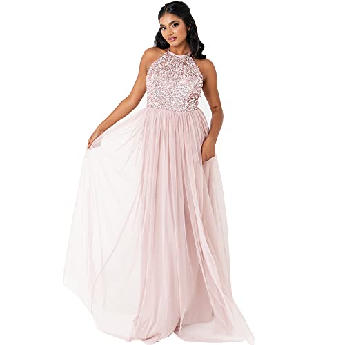 Maya Deluxe Damen Womens Ladies Bridesmaid Maxi Dress Halter Neck Sequin Embellished Prom Graduation Wedding Brautjungfernkleid, Frosted Pink, 28 von Maya Deluxe