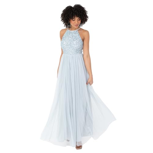 Maya Deluxe Damen Womens Ladies Bridesmaid Maxi Dress Halter Neck Sequin Embellished Prom Graduation Wedding Brautjungfernkleid, Eisblau, 50 von Maya Deluxe
