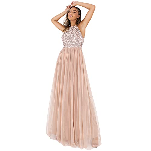 Maya Deluxe Damen Womens Ladies Bridesmaid Maxi Dress Halter Neck Sequin Embellished Prom Graduation Wedding Brautjungfernkleid, Taupe Blush, EU 48(UK 20) von Maya Deluxe