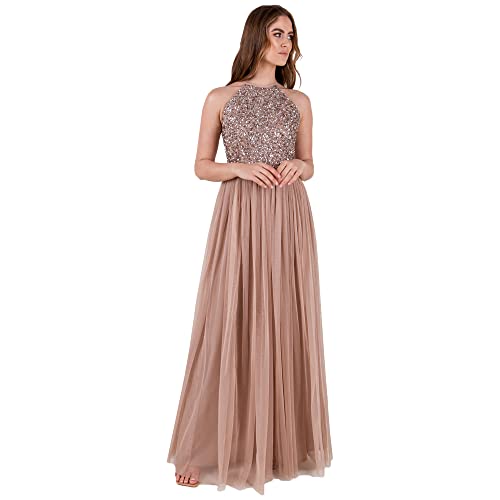 Maya Deluxe Damen Womens Ladies Bridesmaid Maxi Dress Halter Neck Sequin Embellished Prom Graduation Wedding Brautjungfernkleid, Taupe Blush, EU 54(UK 26) von Maya Deluxe