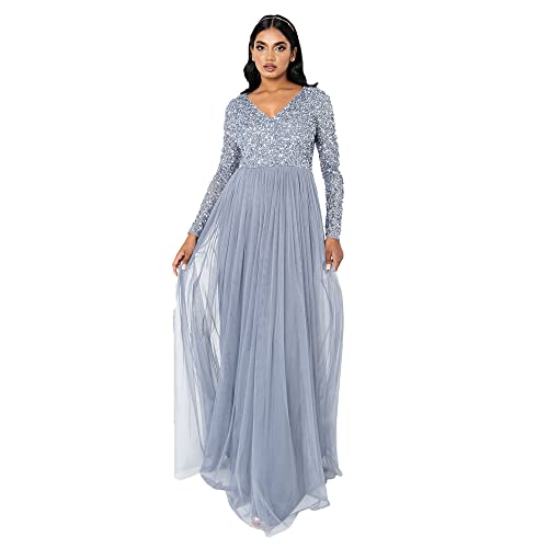 Maya Deluxe Damen Women's Dress Long Sleeve for Wedding Guest V Neck High Empire Waist Maxi Long Length Evening Brides Kleid, Dusty Blue, 46 EU von Maya Deluxe