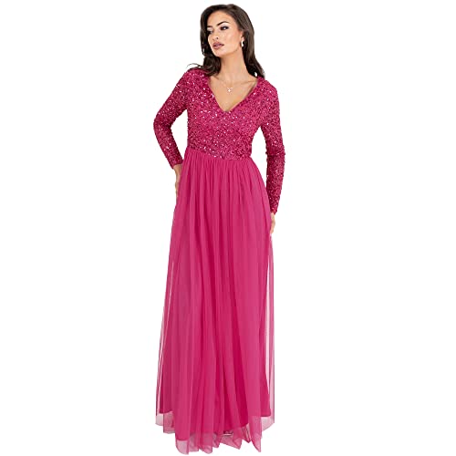 Maya Deluxe Damen Womens Ladies Dress Sleeve for Wedding Guest V Neck High Empire Waist Maxi Long Length Evening Bridesmaid Prom Kleid, Fuschia, 48 EU von Maya Deluxe