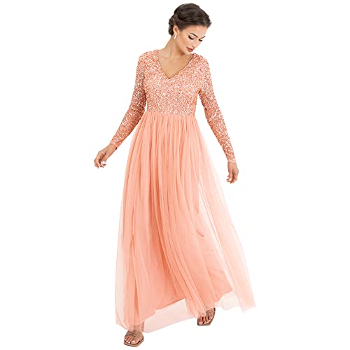 Maya Deluxe Damen Womens Ladies Dress Sleeve for Wedding Guest V Neck High Empire Waist Maxi Long Length Evening Bridesmaid Prom Kleid, apricot, 34 von Maya Deluxe