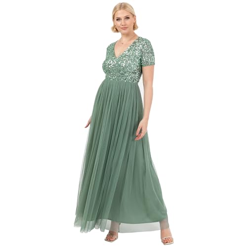 Maya Deluxe Damen Ballkleid Abendkleid V-Ausschnitt Maxi Länge Pailletten Kurze Ärmel für Hochzeit Geburtstag Brautjungfer Brautjungfernkleid, Tiefes Minzgrün, 42 von Maya Deluxe