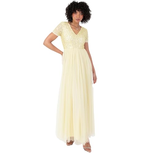 Maya Deluxe Damen-Maxikleid mit V-Ausschnitt, verziert, V-Ausschnitt, Kurze Ärmel, Empire-Taille, Abschlussball, Abschlussfeier, Brautjungfer, Hochzeitsgast, Zitrone, Größe 22, zitronengelb, 48 von Maya Deluxe