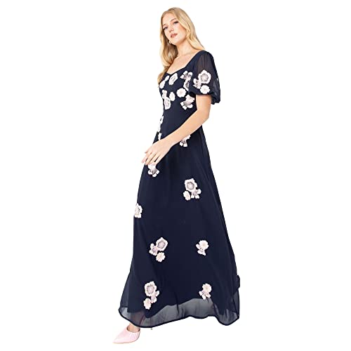 Maya Deluxe Damen Womens Ladies Floral Embellished Short Sleeve Maxi Dress for Wedding Guest Bridesmaid Evening Prom Ball Kleid, Navy, 42 von Maya Deluxe