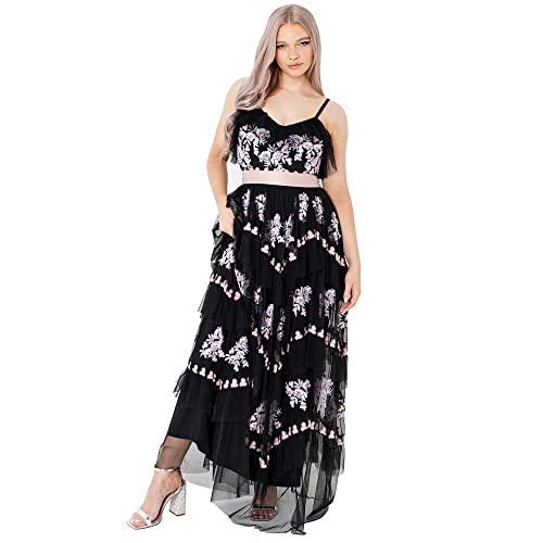 Maya Deluxe Damen Womens Ladies Maxi Dress Tiered Floral Embroidery V Neckline Bow Tie High Waist Cami Frilly Stripes Sleeveless Black Kleid, 42 von Maya Deluxe