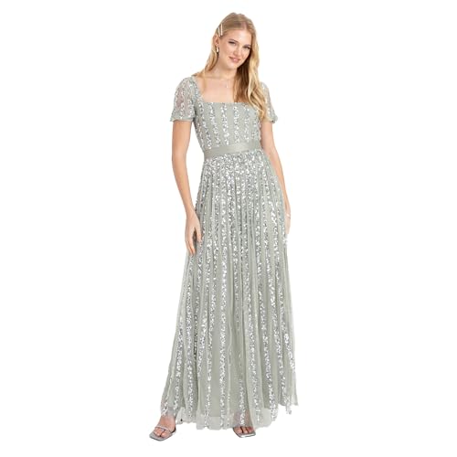 Maya Deluxe Damen Womens Ladies Maxi Occasion Dress Sequin Square Neck High Waist A Cut Evening Gown for Wedding Guest Black Kleid, Grun Lily, 52 von Maya Deluxe