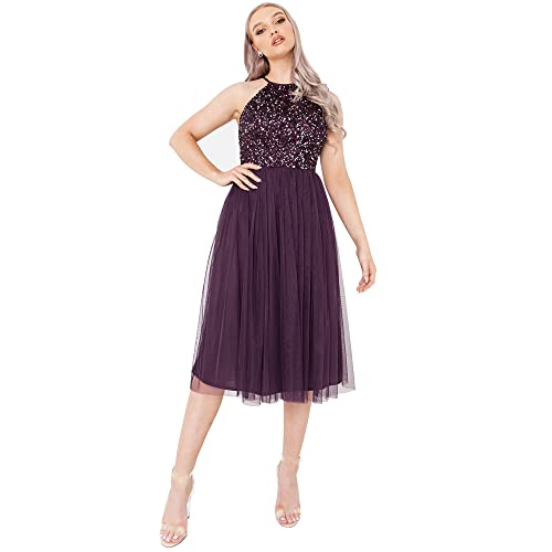 Maya Deluxe Damen Womens Ladies Midi Dress with Halter Neck Tulle for Evening Graduation Prom Wedding Bridesmaids Ball Gown Brautjungfernkleid, Berry, 56 von Maya Deluxe