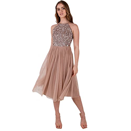 Maya Deluxe Damen Maya Deluxe Versierd halslijn midi jurk Brautjungfernkleid, Taupe Blush, 54 EU von Maya Deluxe