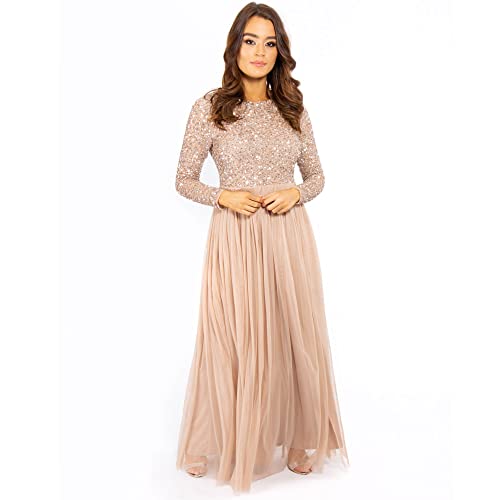 Maya Deluxe Damen Womens Ladies Petite Maxi Dress for Wedding Guest Long Sleeves Sequins Empire High Waist Embellishment Boat Neck Prom Kleid, Taupe Blush, 10 von Maya Deluxe