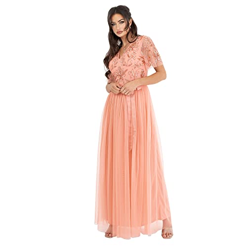 Maya Deluxe Damen Womens Maxi Dress Ladies Ball Gown for Wedding Guest Embellished Tie Waist V Neck Bridesmaid Prom Evening Occasion Kleid, Apricot Blush, 32 von Maya Deluxe