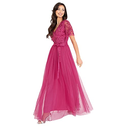 Maya Deluxe Damen Womens Maxi Dress Ladies Ball Gown for Wedding Guest Embellished Tie Waist V Neck Bridesmaid Prom Evening Occasion Kleid, Fuchsia, von Maya Deluxe