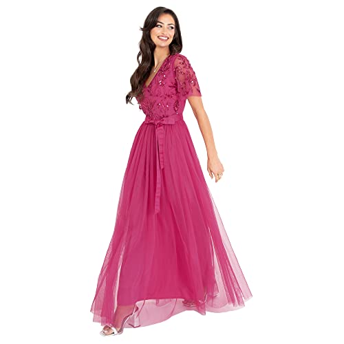 Maya Deluxe Damen Womens Maxi Dress Ladies Ball Gown for Wedding Guest Embellished Tie Waist V Neck Bridesmaid Prom Evening Occasion Kleid, Fuchsia, 34 EU von Maya Deluxe