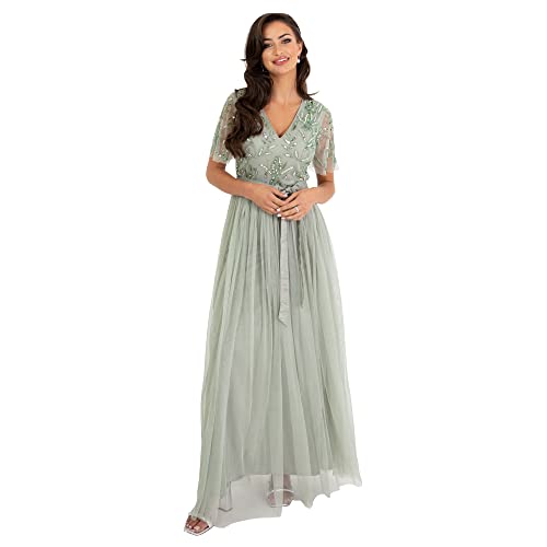 Maya Deluxe Damen Womens Maxi Dress Ladies Ball Gown for Wedding Guest Embellished Tie Waist V Neck Bridesmaid Prom Evening Occasion Kleid, Green Lily, 56 EU von Maya Deluxe