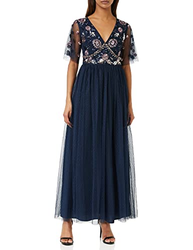 Maya Deluxe Damen Womens Maxi Dress Ladies Embellished Spot Mesh A-Line V-Neck Dress for Wedding Guest Bridesmaid Prom Ball Occasion Kleid, Navy, von Maya Deluxe