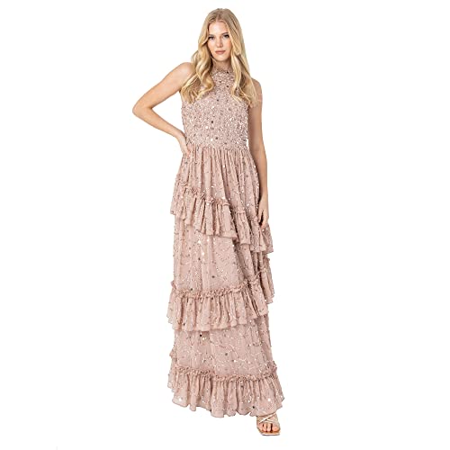 Maya Deluxe Damen Womens Maxi Ladies Embellished Ruffle Sleeveless Tie Back Dress for Wedding Guest Bridesmaid Prom Evening Occasion Kleid, Taupe Blush, 44 von Maya Deluxe