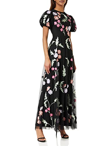 Maya Deluxe Damen Womens Maxi Ladies Floral Embroidered Open Back Puff Sleeves Dress for Wedding Guest Bridesmaid Prom Occasion Kleid, Black, 34 von Maya Deluxe