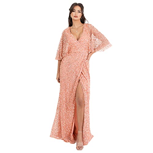 Maya Deluxe Damen Womens Maxi Ladies Sequin Embellished Wrap A-Line Dress for Wedding Guest Bridesmaid Evening Prom Ball Occasion Kleid, Apricot Blush, 34 von Maya Deluxe
