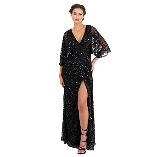 Maya Deluxe Damen Womens Maxi Ladies Sequin Embellished Wrap A-Line Dress for Wedding Guest Bridesmaid Evening Prom Ball Occasion Kleid, Black, 44 von Maya Deluxe