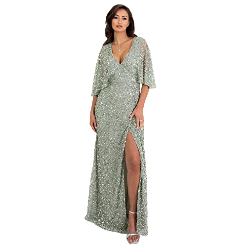 Maya Deluxe Damen Womens Maxi Ladies Sequin Embellished Wrap A-Line Dress for Wedding Guest Bridesmaid Evening Prom Ball Occasion Kleid, Green Lily, 32 von Maya Deluxe