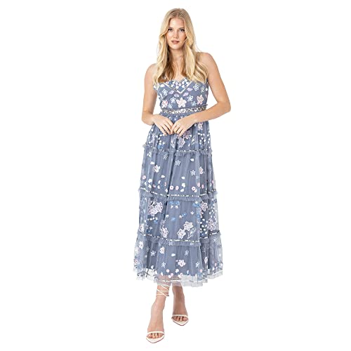 Maya Deluxe Damen Womens Midi Dress Ladies Embroidered Floral Ruffle Sleeveless V Neck Dress for Wedding Guest Bridesmaid Prom Evening Kleid, Dusty Blue, von Maya Deluxe