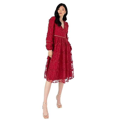 Maya Deluxe Damen Womens Midi Dress Ladies Floral Embroidered Lace Long Sleeve V-Neck for Wedding Guest Bridesmaid Prom Occasion Ball Gown Kleid, Wine, 40 von Maya Deluxe