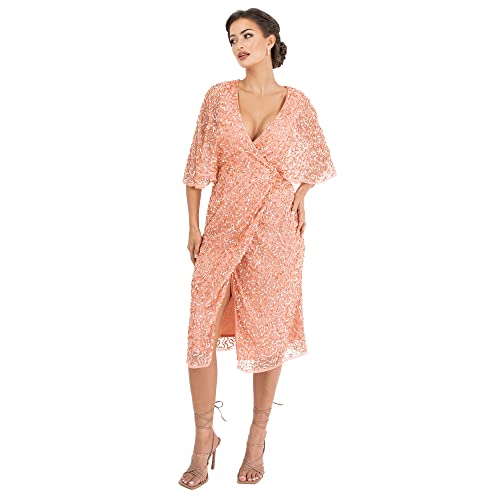 Maya Deluxe Damen Womens Midi Ladies Sequin Embellished Cape Sleeve Wrap Dress for Wedding Guest Bridesmaid Cocktail Prom Evening Kleid, Apricot Blush, 40 von Maya Deluxe
