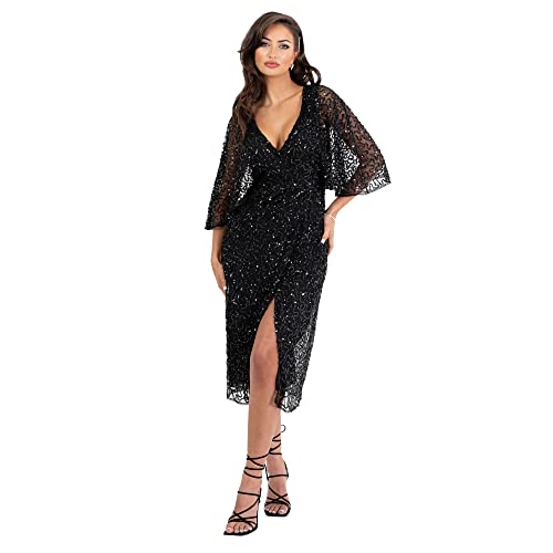 Maya Deluxe Damen Womens Midi Dress Ladies Sequin Embellished Cape Sleeve Wrap Dress for Wedding Guest Bridesmaid Cocktail Prom Evening Kleid, Black, von Maya Deluxe