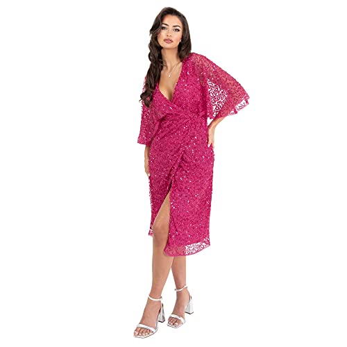 Maya Deluxe Damen Womens Midi Ladies Sequin Embellished Cape Sleeve Wrap Dress for Wedding Guest Bridesmaid Cocktail Prom Evening Kleid, Fuchsia, 34 von Maya Deluxe