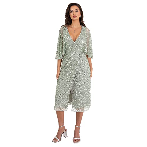 Maya Deluxe Damen Womens Midi Dress Ladies Sequin Embellished Cape Sleeve Wrap Dress for Wedding Guest Bridesmaid Cocktail Prom Evening Kleid, Green Lily, von Maya Deluxe