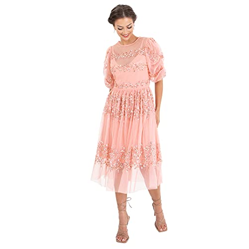 Maya Deluxe Damen Womens Midi Ladies Sequin Embellished Short Sleeve Dress for Wedding Guest Bridesmaid Prom Ball Evening Occasion Kleid, Apricot Blush, EU 34 von Maya Deluxe