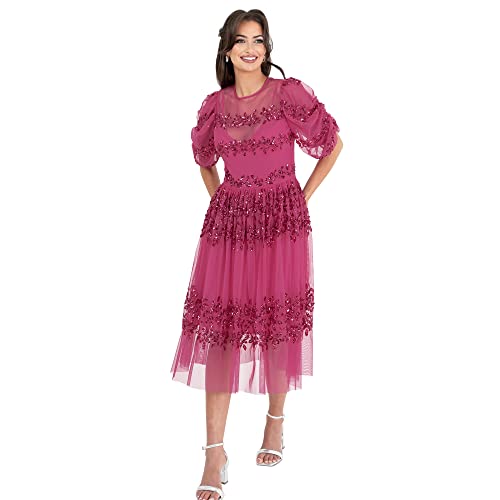 Maya Deluxe Damen Womens Midi Ladies Sequin Embellished Short Sleeve Dress for Wedding Guest Bridesmaid Prom Ball Evening Occasion Kleid, Fuchsia,34 von Maya Deluxe