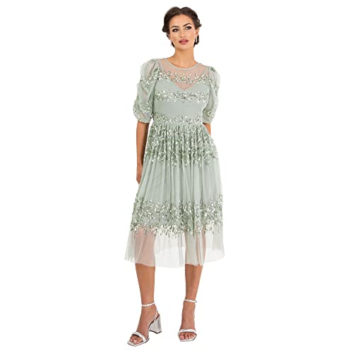 Maya Deluxe Damen Womens Midi Ladies Sequin Embellished Short Sleeve Dress for Wedding Guest Bridesmaid Prom Ball Evening Occasion Kleid, Green Lily,34 von Maya Deluxe