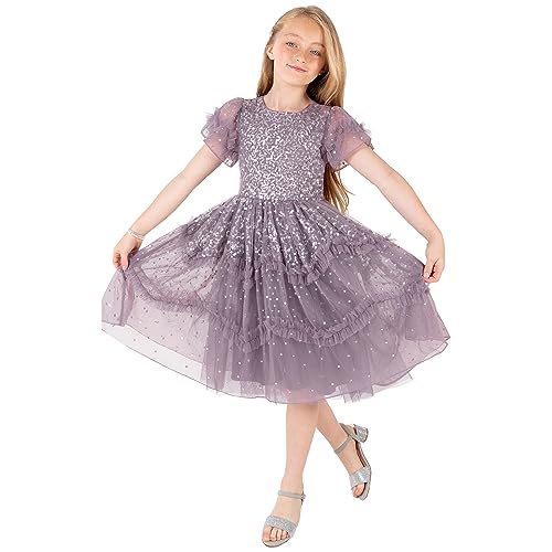 Maya Deluxe Girl's Dress Sequin Ruffles Frilly Sparkling Party Short Sleeve Midi Wedding Guest Tutu Frilly Kids Childrens Prom, Moody Lilac, 7-8 Years von Maya Deluxe