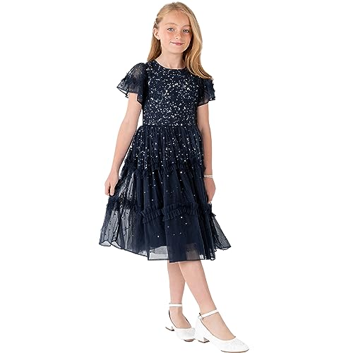 Maya Deluxe Girl's Dress Sequin Ruffles Frilly Sparkling Party Short Sleeve Midi Wedding Guest Tutu Frilly Kids Childrens Prom, Navy, 3-4 Years von Maya Deluxe